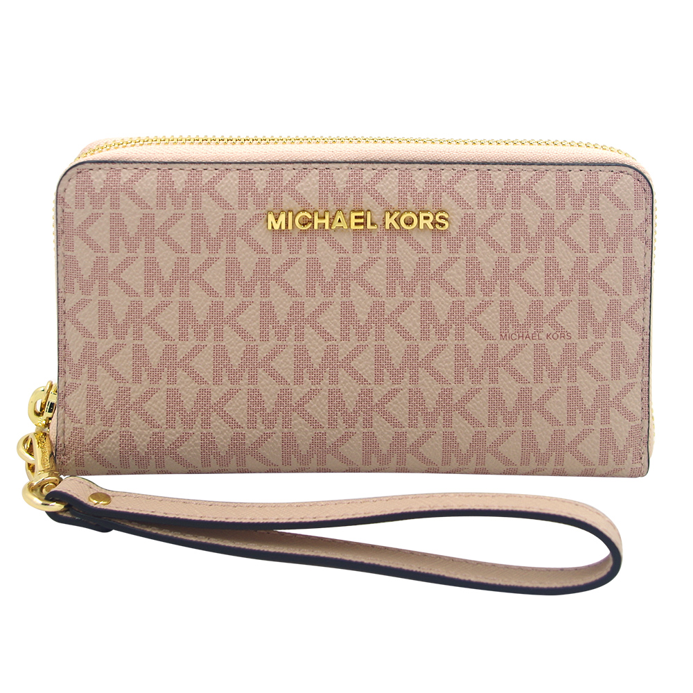 MICHAEL KORS 專櫃款 緹花LOGO防刮皮革拉鍊長夾-附掛帶/粉紅色