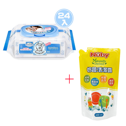 貝恩Baan NEW嬰兒保養柔濕巾80抽24入+Nuby 奶蔬清潔露補充包 600ml