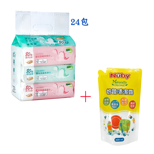 Nac Nac EDI超純水嬰兒潔膚柔濕巾/80抽(24入)(恐龍)+Nuby 奶蔬清潔露補充包 600ml