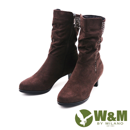 W&M 秋冬時尚摩登水鑽麂皮中筒靴 女鞋-鐵灰(另有可可)