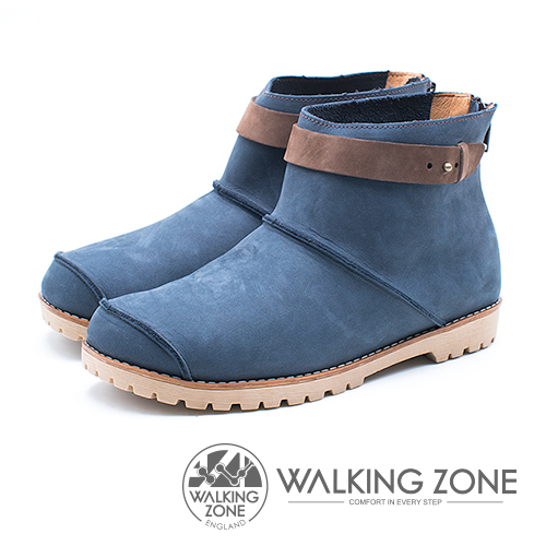 WALKING ZONE 皮革車縫拉鍊短靴 女鞋 - 藍 (另有紅、黃)