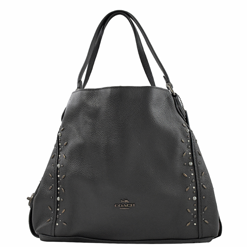 COACH 馬車LOGO 鉚釘邊牛皮三層托特包.黑色【專櫃款】