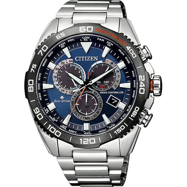 CITIZEN 星辰 光動能萬年曆電波手錶-藍x銀/44.6mm CB5034-82L
