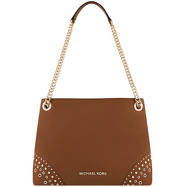 MICHAEL KORS Jet Set Item 鉚釘荔枝紋牛皮鍊帶肩背包-焦糖色