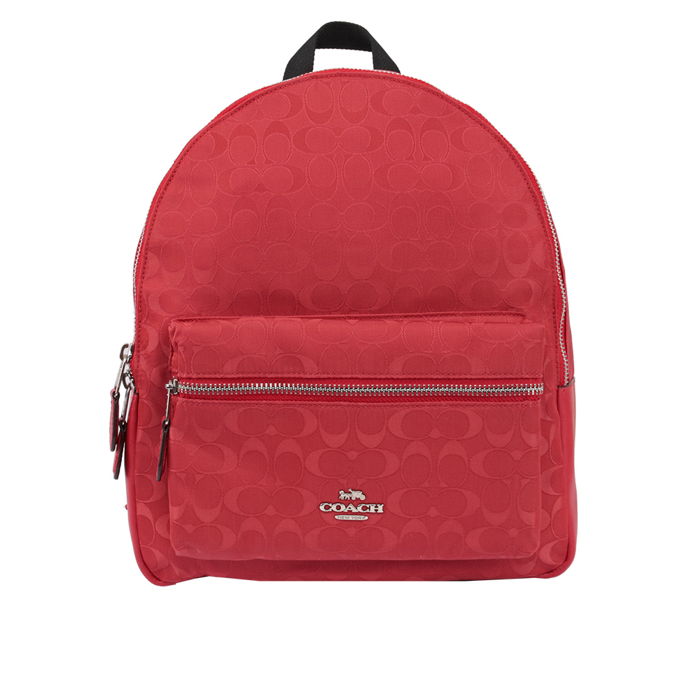 【COACH】緹花布LOGO口袋後背包(中)(紅色) F73186 SVDN8