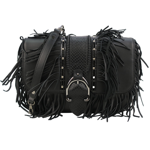 LONGCHAMP AMAZONE ROCK 流蘇鉚釘荷蓬包(黑色)