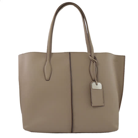 TODS JOY 經典LOGO壓紋荔紋牛皮肩背托特包.卡其 (大款)