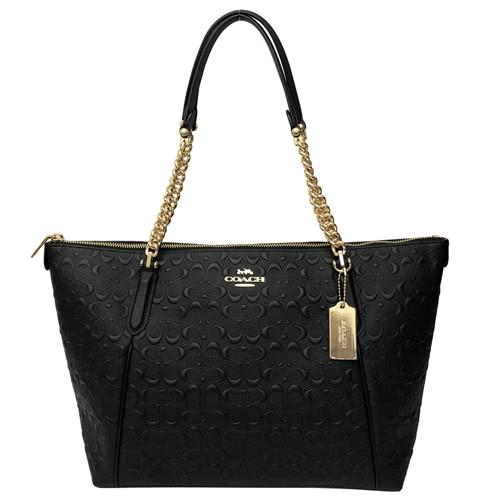 【COACH】經典馬車金屬吊牌壓印LOGO皮革大托特包(黑)