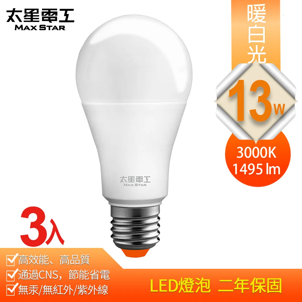 【太星電工】13W超節能LED燈泡/暖白光(3入) A813L*3.