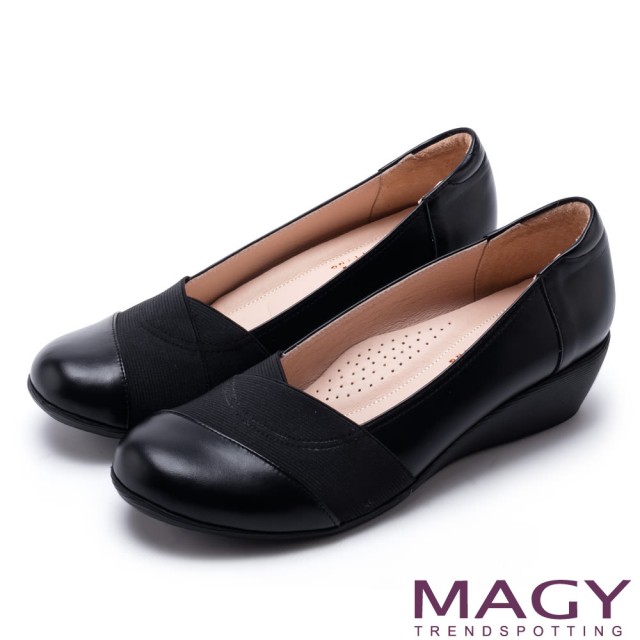 【MAGY】復古舒適 牛皮交叉鬆緊帶厚底休閒鞋(黑色)