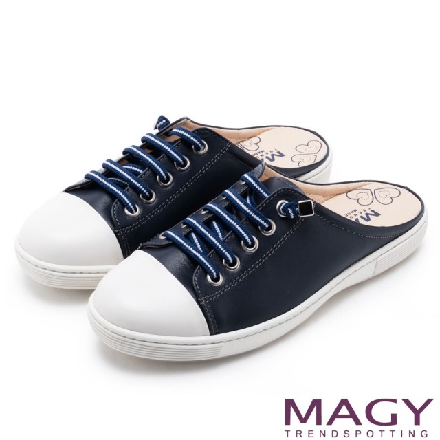 【MAGY】樂活休閒 真皮雙色鬆緊帶後空休閒鞋(藍色)
