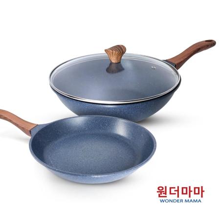 【韓國WONDER MAMA】藍寶石原礦木紋不沾鍋具3件組(炒鍋+平底鍋+鍋蓋)