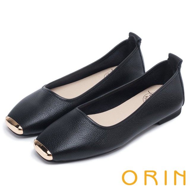【ORIN】率性簡約 金屬方頭牛皮平底鞋(黑色)