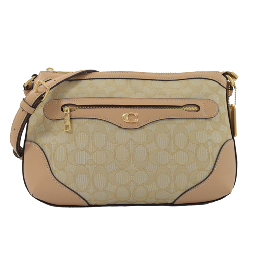 COACH 經典C LOGO緹花布撞色拼接斜背包.裸膚