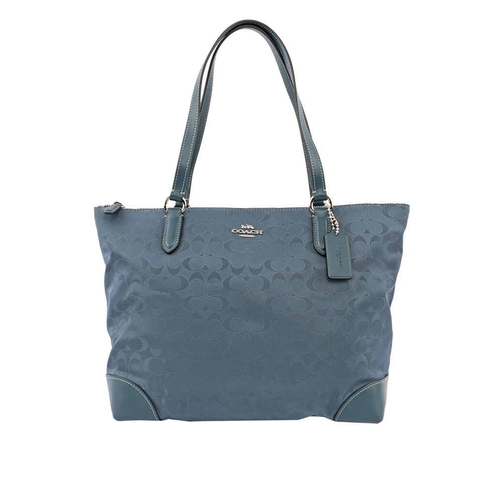 【COACH】緹花布LOGO肩背包(藍色) F73184 SVBL