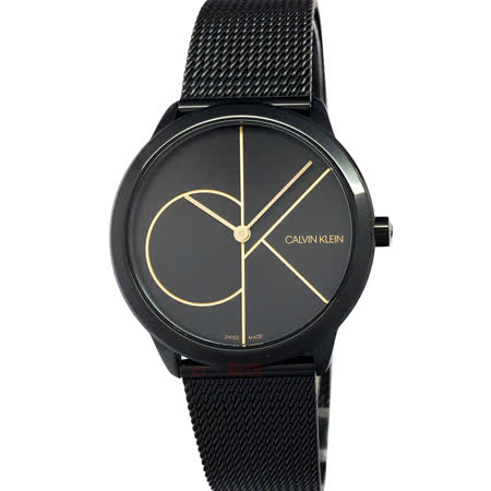 CK 手錶 K3M224X1 Calvin Klein 金色logo 35mm黑色薄型米蘭帶 女錶
