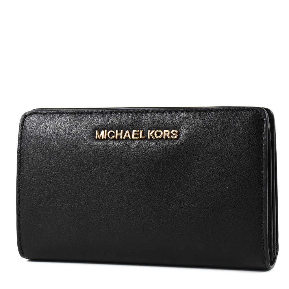 MICHAEL KORS 金字滑面皮革釦式對開中夾/手機包-黑色