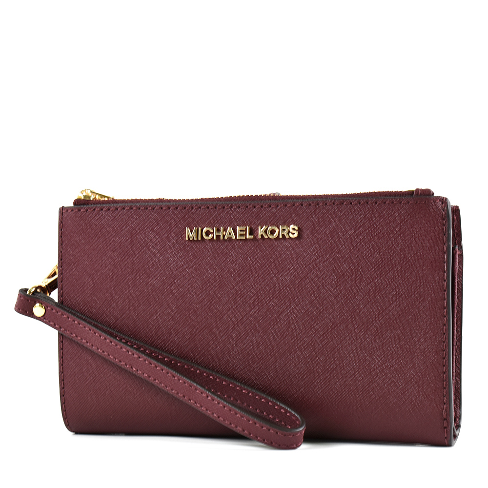 MICHAEL KORS 專櫃款 防刮皮革對折釦式手掛手拿/手機包-酒紅色