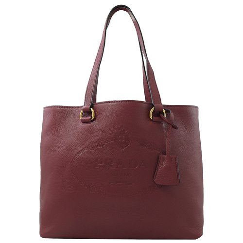 PRADA 復古大LOGO烙印肩背托特包.櫻桃紅