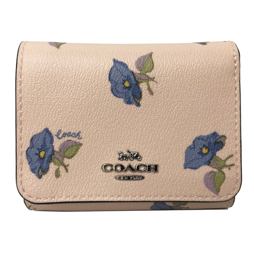 【COACH】經典 LOGO PVC皮革夕顏花多卡片夾層短夾(粉膚)