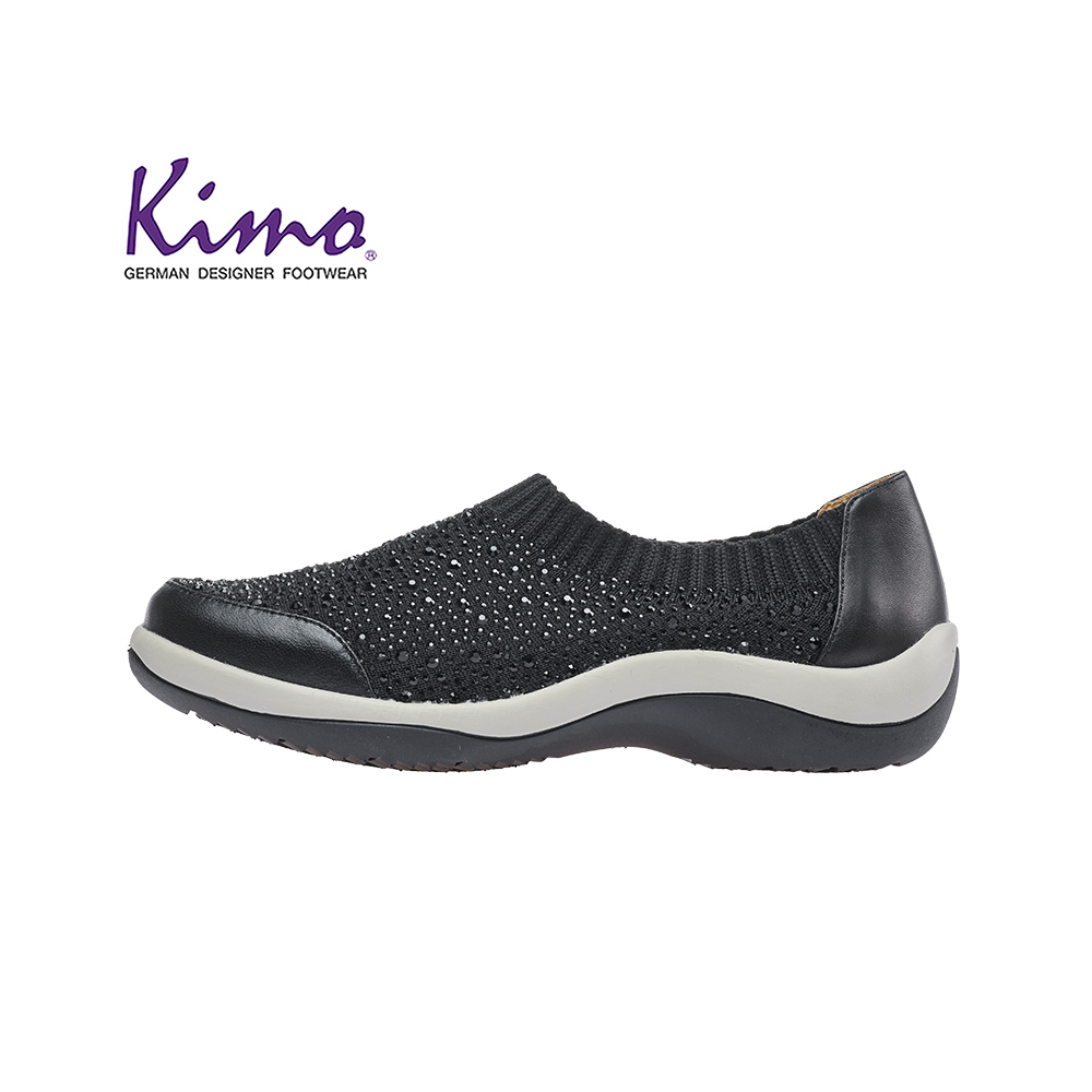 【Kimo 德國品牌健康鞋】閃鑽彈力Q彈羊皮運動風舒適懶人平底休閒便鞋(都市黑KAIWF122093)
