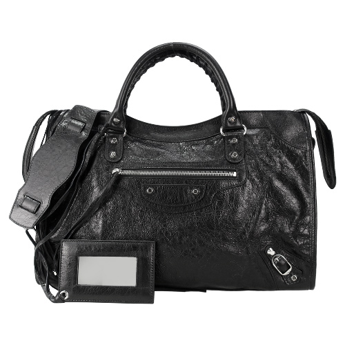 BALENCIAGA CLASSIC SILVER CITY亮銀釦羊皮手提/斜背機車包-黑/長斜揹帶