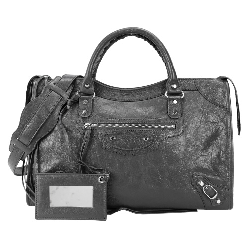 BALENCIAGA CLASSIC SILVER CITY亮銀釦羊皮手提/斜背機車包-灰/長斜揹帶