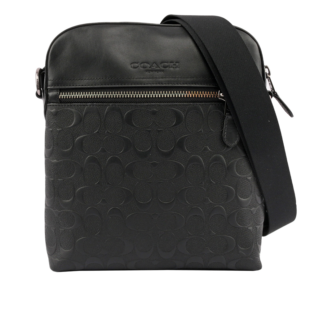 【COACH】壓印LOGO 壓紋皮革斜背包(厚款)(黑色) F73338 QB/BK