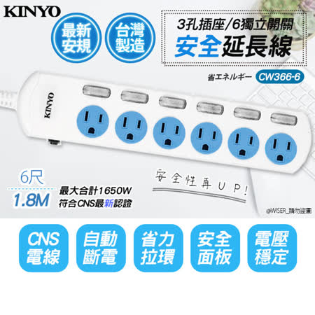 【KINYO】6呎1.8M 3P6開6插安全延長線(CW366-6)台灣製造‧新安規