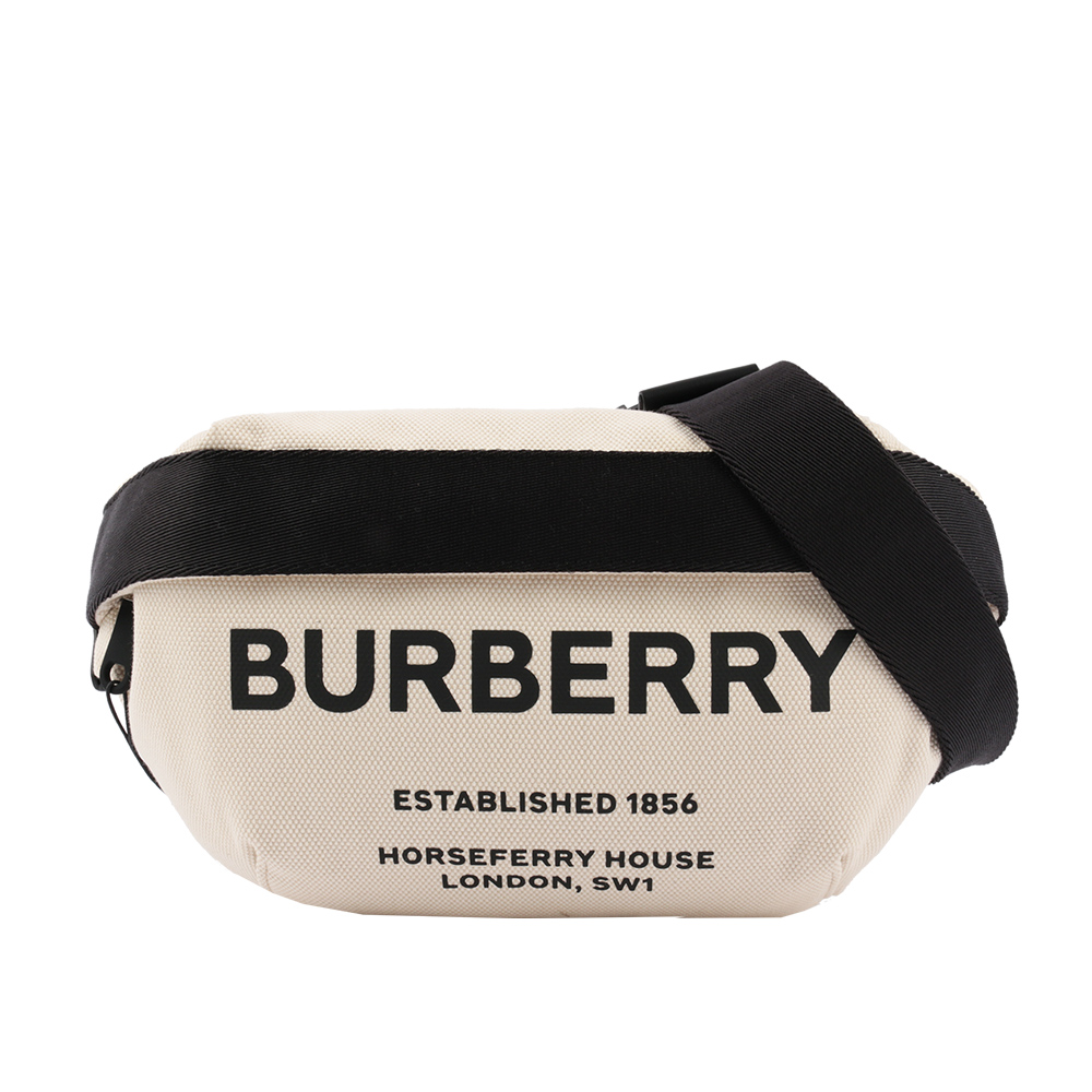 【BURBERRY】中型 Horseferry 印花棉質帆布腰包(米白色/黑色) 8014641 A1395