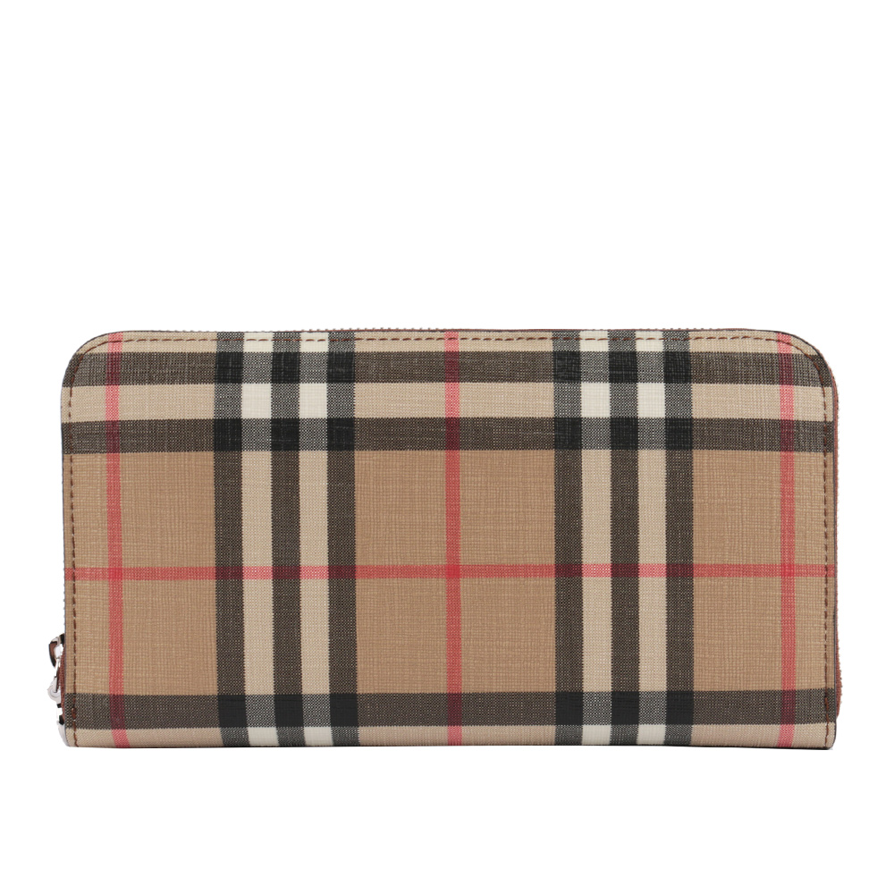 【BURBERRY】Vintage格紋環保帆布環繞式拉鍊厚款皮夾(麥芽棕色) 8015343 A1212