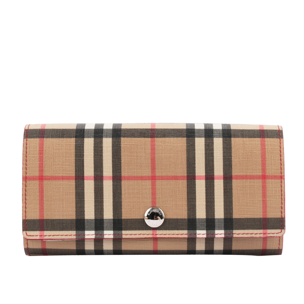 【BURBERRY】Vintage格紋環保帆布厚款長夾(亮軍紅色) 8015117 A1383