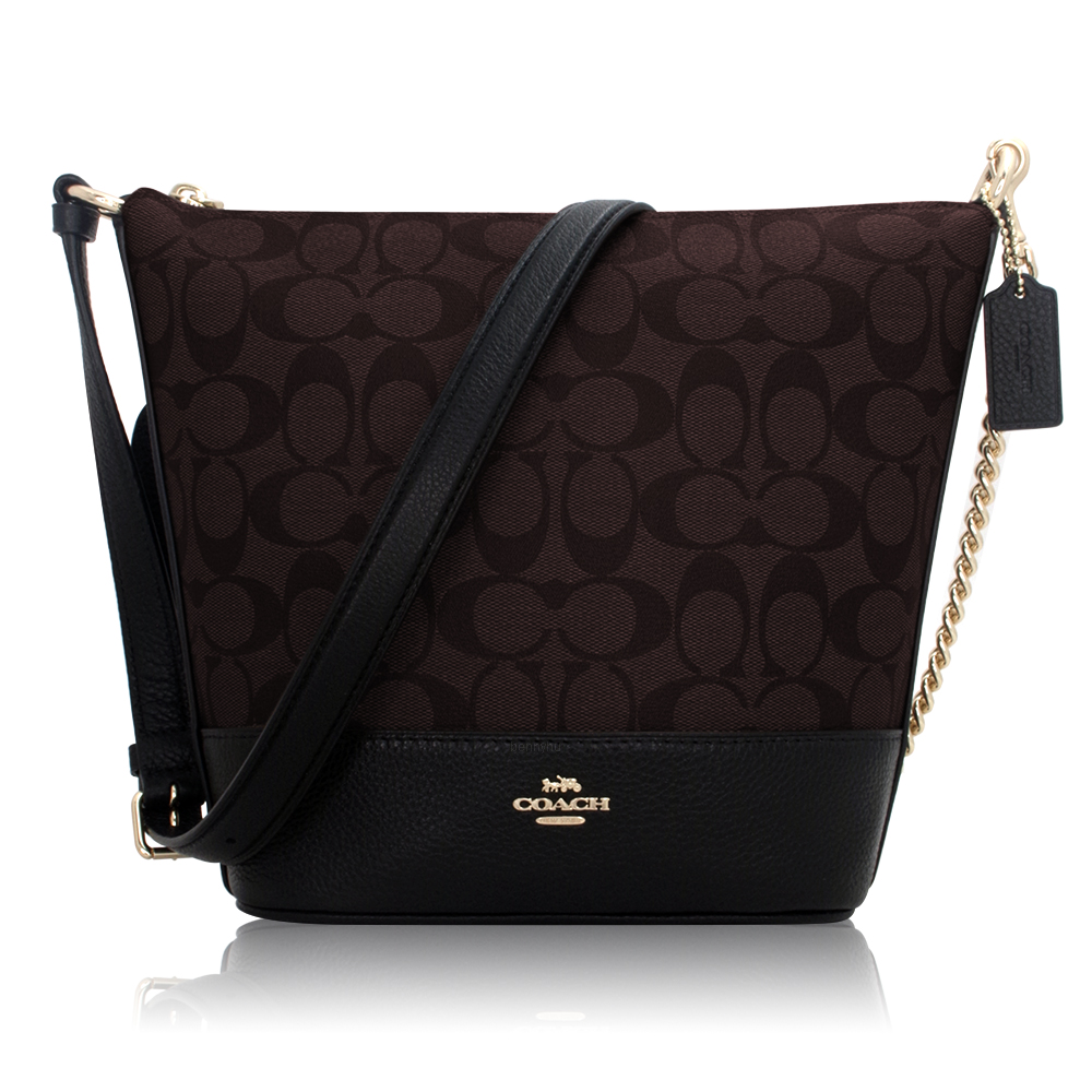 COACH 經典LOGO金鍊斜背水桶包-黑咖