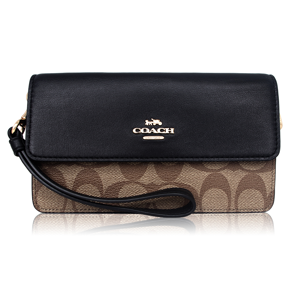 COACH 新款LOGO經典皮革多功能手機手拿包-黑棕