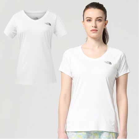 【美國 The North Face】女款 FlashDry-XD 閃電快乾耐磨短袖V領快排衫/3GEK 白 V