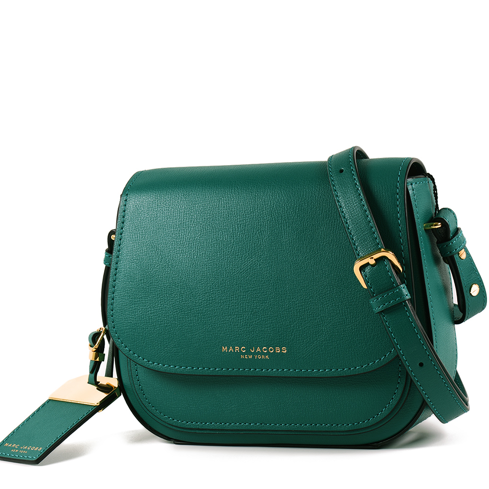 MARC JACOBS 燙印LOGO磁釦牛皮翻蓋斜背馬鞍包-土耳其綠
