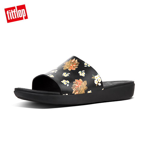 【FitFlop】SOLA DARK FLORAL LEATHER SLIDE SANDALS 黑色