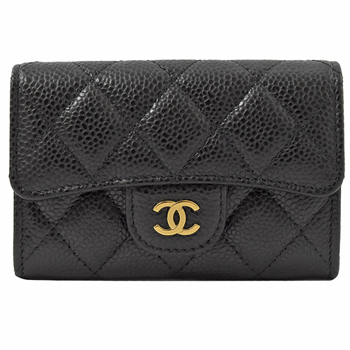 CHANEL 雙C LOGO菱格紋牛皮名片零錢夾.黑/金