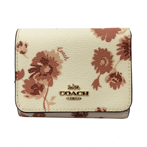 【COACH】經典LOGO PVC皮革花卉多卡片夾層短夾(米白/花卉)
