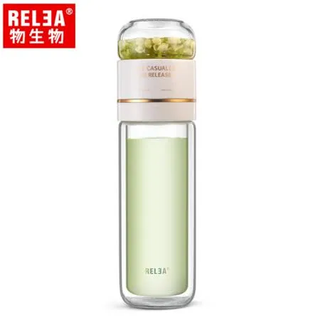 RELEA 物生物 300ml茶時分離式翻轉耐熱雙層玻璃泡茶隨行杯 (冰晶白)