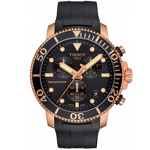 TISSOT 天梭 Seastar海洋之星300米潛水三眼計時錶-黑x金(T1204173705100)