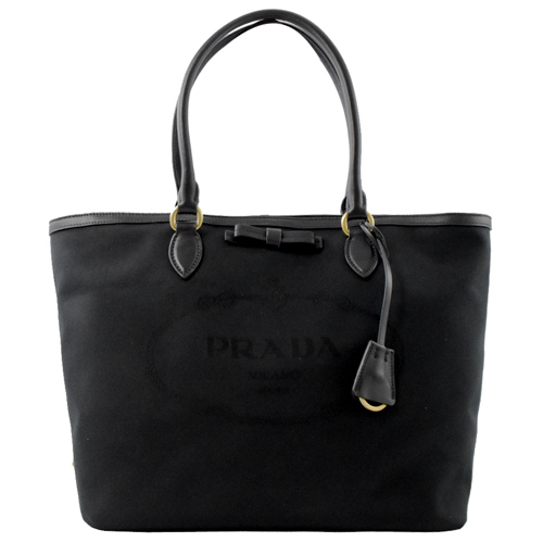 PRADA 復古大LOGO帆布皮飾邊肩背托特包.黑