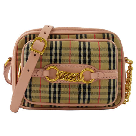 BURBERRY Check Link 戰馬格紋肩斜相機包.蜜桃粉