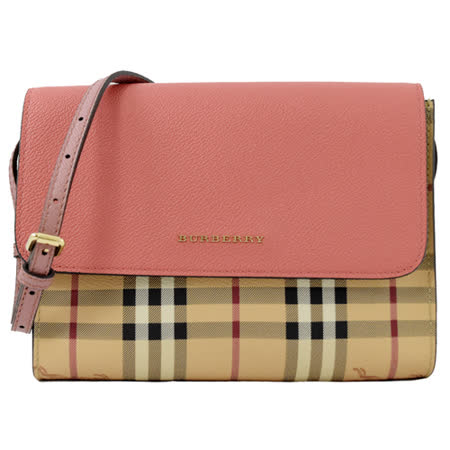 BURBERRY LOXLEY撞色粒紋皮革斜背包.粉