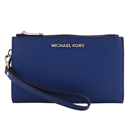 MICHAEL KORS - 銀字LOGO 防刮皮革拉鍊掛帶中夾(寶藍)