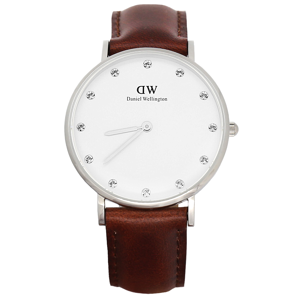 【Daniel Wellington】施華洛世奇水晶棕色皮革腕錶-銀框/34mm(0960DW)