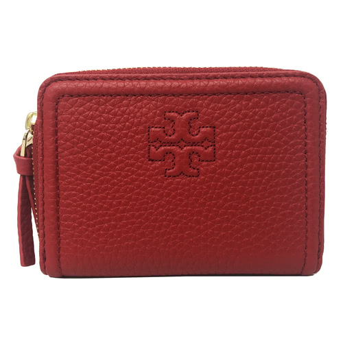 【TORY BURCH】經典牛皮LOGOㄇ型拉鍊鑰匙零錢卡片流蘇短夾(紅)