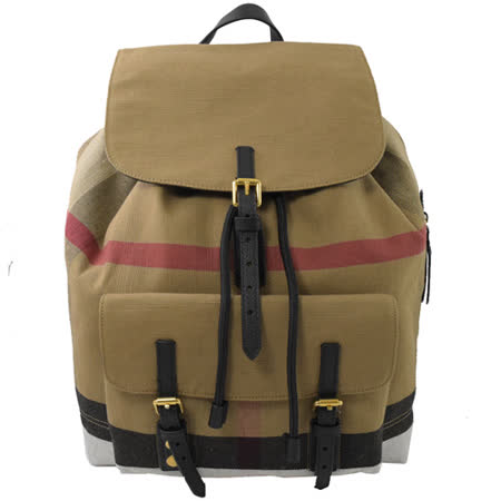 BURBERRY  CANVAS格紋棉麻拼接旅用後背包.黑邊