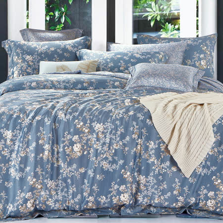 Betrise葉錦-藍 加大-植萃系列100%奧地利天絲八件式鋪棉兩用被床罩組