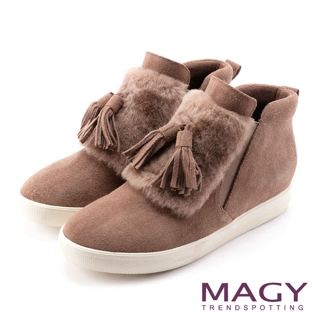 【MAGY】街頭時尚 毛海流蘇內增高高筒休閒鞋(可可)